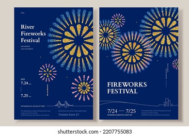 Fireworks Festival flyers template. Radial firework explosions in pointillism style with continuous line drawings at the bottom