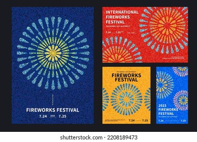 Fireworks Festival flyers template. Radial firework explosions in pointillism style on different color background