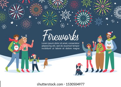 Fireworks festival invitation with happy families celebrating New Year holidays