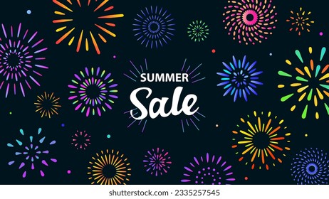 Fireworks festival in Japan, vector illustration background material of colorful cute fireworks spreading in the night sky