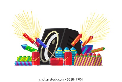 Fireworks for festival and party salute elements. Set of different kinds of amazing fireworks. Vector illustration for celebration of any occasions with pyrotechnic devices, acoustic system speaker
