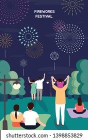 Fireworks Festival. Poster Template For Outdoor Festival. Flat Cartoon Colorful Vector Illustration.