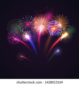 Fireworks festive background with brightly shining sparks. Colorful pyrotechnics show. Realistic fireworks celebration vector illustration with copy space. Beautiful light performance in night sky.