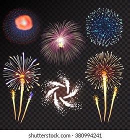 Fireworks festive  bursting with pattern in various forms sparkling icons set black background abstract vector illustration isolated