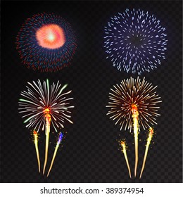 Fireworks festive  bursting with pattern in various forms sparkling icons set black background abstract vector illustration isolated
