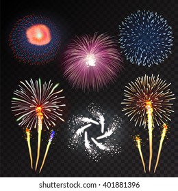 Fireworks festive  bursting with pattern in various forms sparkling icons set black background abstract vector illustration isolated
