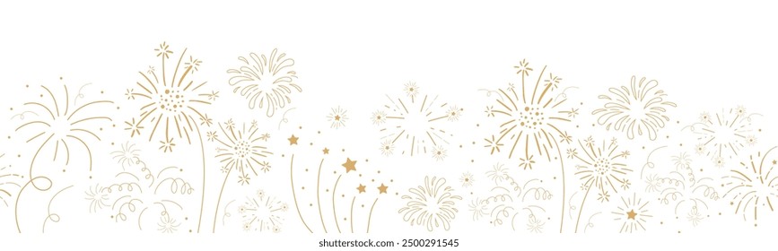 Fireworks festive explosion golden bursts, sparks in doodle style seamless pattern border. Holiday celebration decoration. 