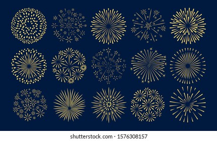 Fireworks. Festive golden starburst vector set. Celebrating, birthday and new year decorations