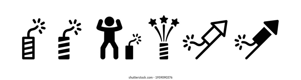Fireworks or firecracker celebration flat set icon for apps. Person covering his ears to avoid loud noise.