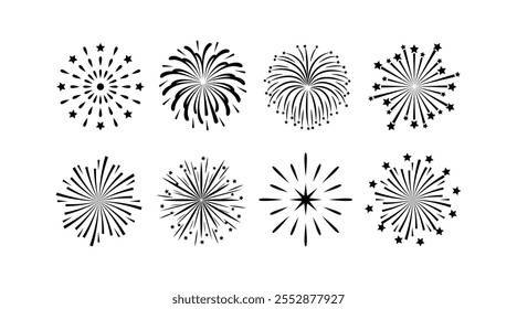 Fireworks, firecracker festival event and holiday fun. Explosions for display or in celebrations. New Year vector. Fire work icon.