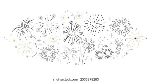 Fogos de artifício, explosões festivas de fogo de artifício dourado, faíscas na borda estilo doodle. Decoração comemorativa de férias. Foguete, estrela carnaval banner, decoração.