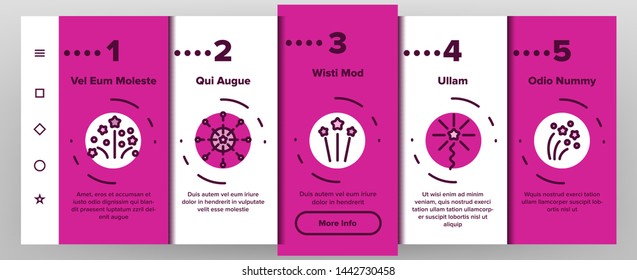Fireworks, Firecrackers Onboarding Mobile App Page Screen Vector Set. Pyrotechnics, Fireworks Linear Illustrations. New Year, Birthday, Anniversary Party Firecrackers, Rockets Contour Symbols.