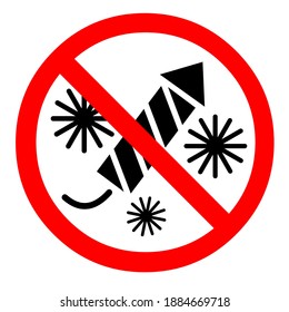 Están prohibidos los fuegos artificiales y los petardos. Señal de prohibición de pirotecnia. Diseño en rojo y negro. Imagen plana aislada en fondo blanco. Vector.