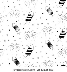 Fireworks and firecrackers Seamless pattern. Vector graphic line ink illustration. design for fashion graphics, textile prints, fabrics, wallpapers. Coloring Sheet for Stress Relief and Relaxation

