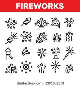 Fireworks, Firecrackers Thin Line Icons Vector Set. Pyrotechnics, Fireworks Linear Illustrations. New Year, Birthday, Anniversary Party Firecrackers, Rockets Contour Symbols. Isolated Outline Cliparts