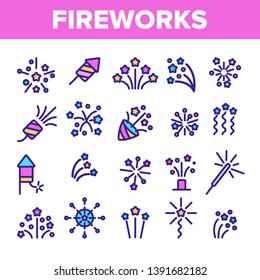 Fireworks, Firecrackers Thin Line Icons Vector Set. Pyrotechnics, Fireworks Linear Illustrations. New Year, Birthday, Anniversary Party Firecrackers, Rockets Contour Symbols. Isolated Outline Cliparts