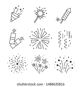 Fireworks, firecrackers thin line icons set. Pyrotechnics linear Illustrations. New year, birthday, anniversary party  rockets contour symbols. 