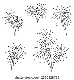 Fireworks. Firework black line icon set. Simple doodle contours. Flat design on a white background. Anniversary, New year, Celebration, Festival. Greeting cards, holiday design elements, print, etc.