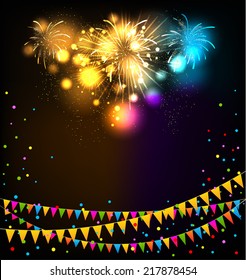 Fireworks and flags with place for text. Holiday background.
