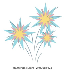 Fireworks. Flashes of multi-colored sparks from pyrotechnics. Color vector illustration. Exploding fireworks in the form of stars for a festive event. Isolated background. Cartoon style