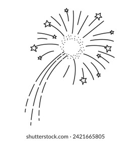 Fireworks flying upward, exploding with stars and sparks line icon. Thin black outline silhouette of firework explosion with trail movement, festive burst of fire monochrome icon vector illustration