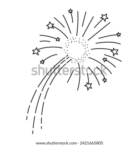 Fireworks flying upward, exploding with stars and sparks line icon. Thin black outline silhouette of firework explosion with trail movement, festive burst of fire monochrome icon vector illustration