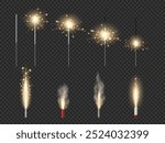 Fireworks fountain of sparks salts or pyrotechnic candles. Vector bengal lights and pyrotechnics burning with sparkles. Isolated sparklers set. Element of New Year or xmas holiday, festival or event