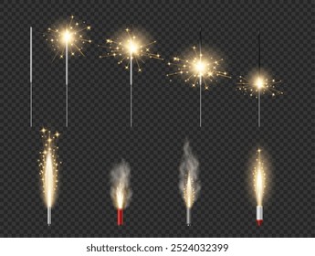 Fireworks fountain of sparks salts or pyrotechnic candles. Vector bengal lights and pyrotechnics burning with sparkles. Isolated sparklers set. Element of New Year or xmas holiday, festival or event