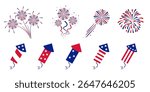 Fireworks Fourth of July.Set of fireworks and firecracker with a red and blue stars and sparks . United states of america independence day fireworks. Red, blue fireworks for 4th of July 