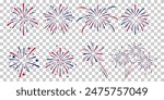 Fireworks Fourth of July.Set of fireworks with a red and blue stars and sparks isolated on transparent . United states of america independence day fireworks. Red, blue fireworks for 4th of July .