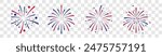 Fireworks Fourth of July.Set of fireworks with a red and blue stars and sparks isolated on transparent . United states of america independence day fireworks. Red, blue fireworks for 4th of July .