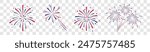 Fireworks Fourth of July.Set of fireworks with a red and blue stars and sparks isolated on transparent. United states of america independence day fireworks. Red, blue fireworks for 4th of July .