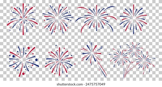 Fireworks Fourth of July.Set of fireworks with a red and blue stars and sparks isolated on transparent . United states of america independence day fireworks. Red, blue fireworks for 4th of July .