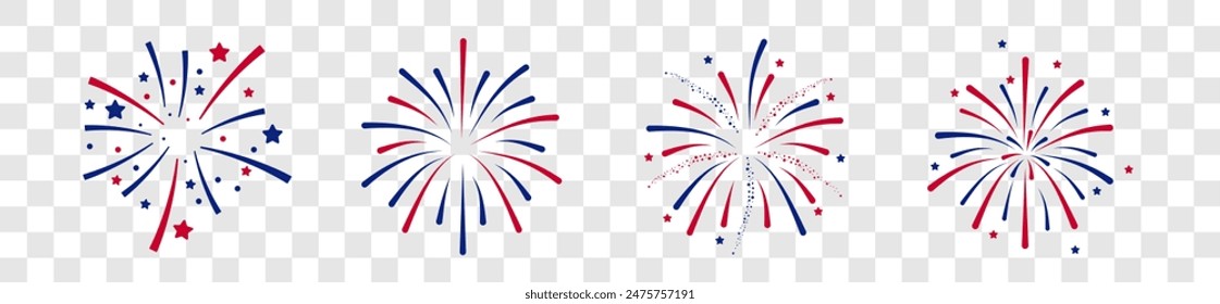 Fireworks Fourth of July.Set of fireworks with a red and blue stars and sparks isolated on transparent . United states of america independence day fireworks. Red, blue fireworks for 4th of July .