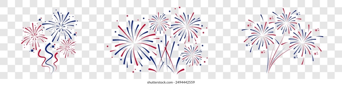  Feuerwerk Vierte Juli.Set von Feuerwerk mit einem roten und blauen Sternen und Funken . Feuerwerk am Unabhängigkeitstag der Vereinigten Staaten von Amerika. Rotes, blaues Feuerwerk für den 4. Juli, Tag der Arbeit oder Gedenktag.