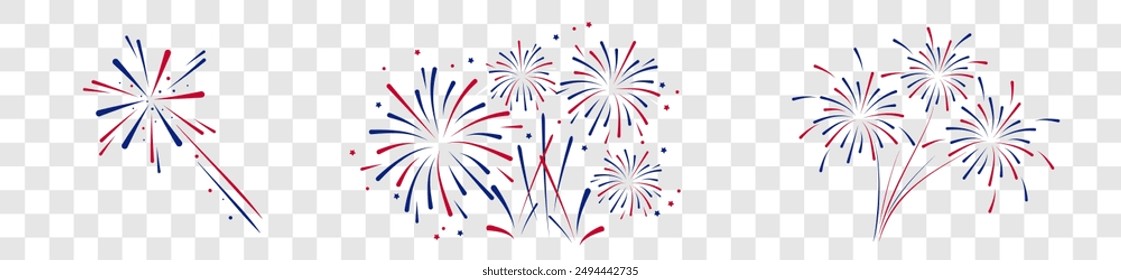  Feuerwerk Vierte Juli.Set von Feuerwerk mit einem roten und blauen Sternen und Funken . Feuerwerk am Unabhängigkeitstag der Vereinigten Staaten von Amerika. Rotes, blaues Feuerwerk für den 4. Juli, Tag der Arbeit oder Gedenktag.