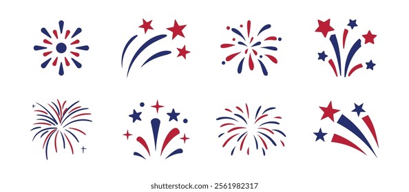 Fireworks Fourth of July.Set of fireworks with a red and blue stars and sparks isolated on transparent. United states of america independence day fireworks. Red, blue fireworks for 4th of July .