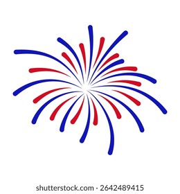 Fuegos artificiales el 4 de julio. Fuegos artificiales con estrellas rojas y azules y chispas. Fuegos artificiales del Día de la Independencia de los Estados Unidos. Ilustración vectorial