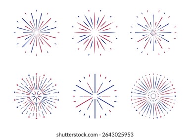 Fireworks Fourth of July. Set of explosion with a red and blue stars and sparks . United states of america independence day decoration. Simple flat style element