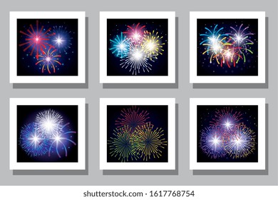 Fireworks frames set design, Celebration festival event holiday party anniversay explosion and festive theme Vector illustration