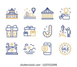 Fireworks, Gift box and Carousels icons simple set. Creative idea, Sea mountains and Airplane travel signs. Weather phone, Candy and Roller coaster symbols. Circus, Surprise boxes and Sale. Vector