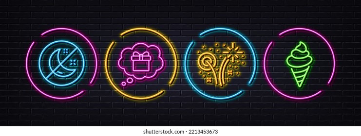 Fireworks, Gift dream and Insomnia minimal line icons. Neon laser 3d lights. Ice cream icons. For web, application, printing. Pyrotechnic salute, Receive a gift, Stop sleep. Sundae cone. Vector