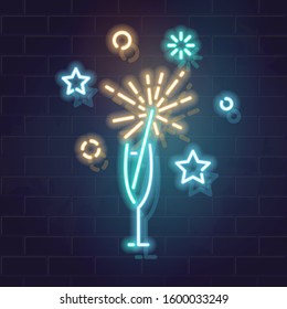 Fireworks in glasses of champagne. Neon illustration for celebration party. New year eve, christmas, birthday, anniversary. Fluorescent square image on brick wall background for social network, poster