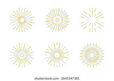 Fogos de artifício de ouro brilhante set. Fogo de celebração trabalho de Natal ano novo pirotecnia firecracker, festival da noite, festa de aniversário. Explosão solar vintage. Explosão de raios solares. Feixes de luz radial saudam faíscas