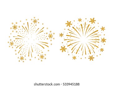 Fireworks gold isolated set. Beautiful golden firework on white background. Bright decoration for Christmas card, Happy New Year celebration, anniversary, festival. Flat design Vector illustration