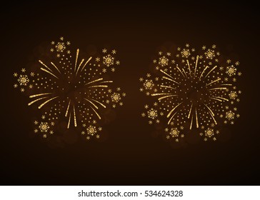 Fireworks gold isolated set. Beautiful golden firework on black background. Bright decoration for Christmas card, Happy New Year celebration, anniversary, festival. Flat design Vector illustration