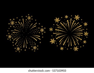 Fireworks gold isolated set. Beautiful golden firework on black background. Bright decoration for Christmas card, Happy New Year celebration, anniversary, festival. Flat design Vector illustration