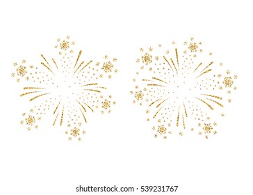 Fireworks gold isolated set. Beautiful golden firework on white background. Bright decoration for Christmas card, Happy New Year celebration, anniversary, festival. Flat design Vector illustration