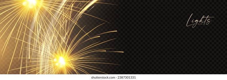 Fireworks. Gold shining transparent light effect. Holiday design
