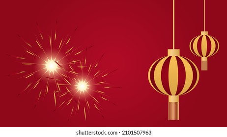 fireworks and golden lanterns on red gradient lighting background. lantern festival decorative website banner and greeting card concept